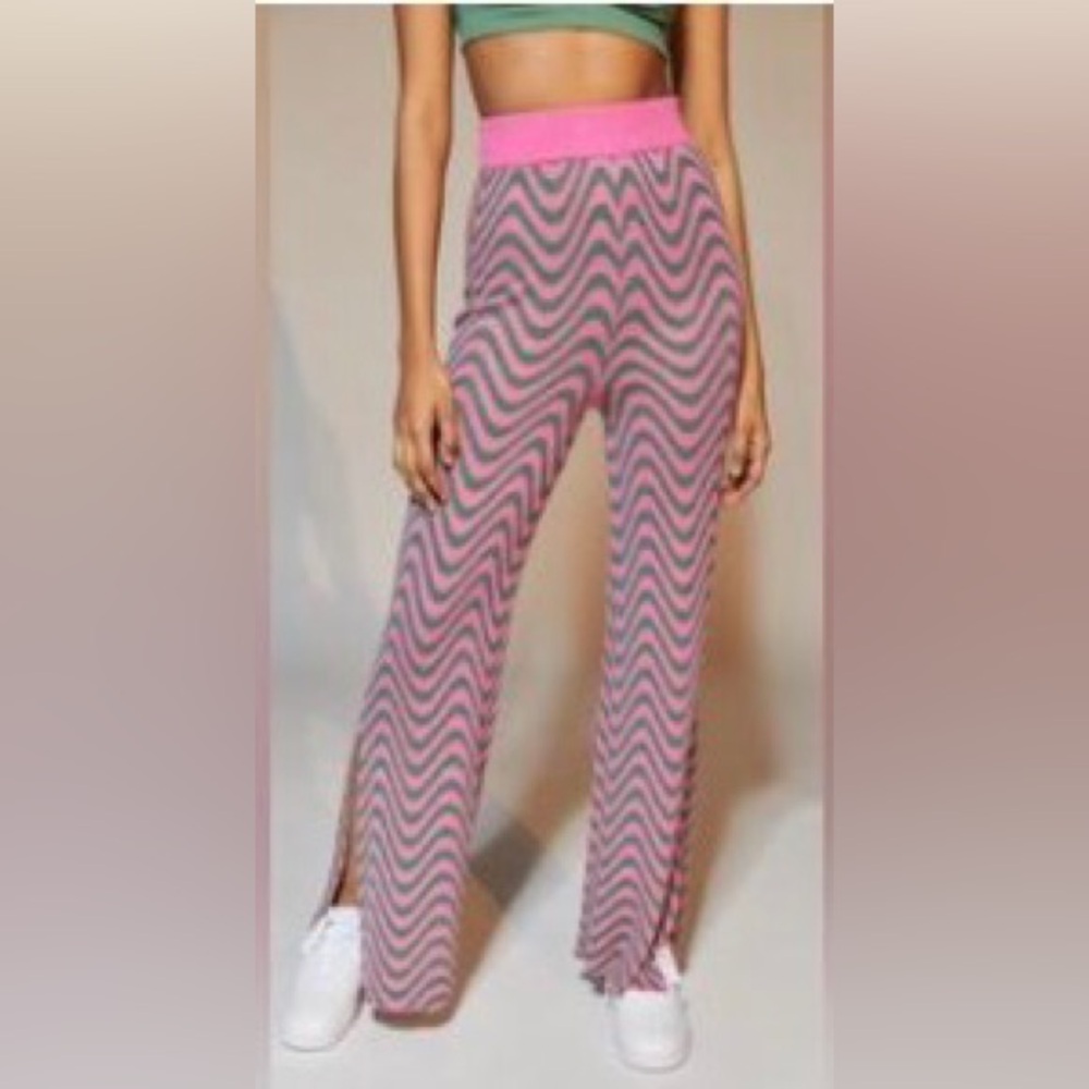 Urban Outfitters BNWOT Pink & Green Wave Wide Leg Pants w/Slits!!